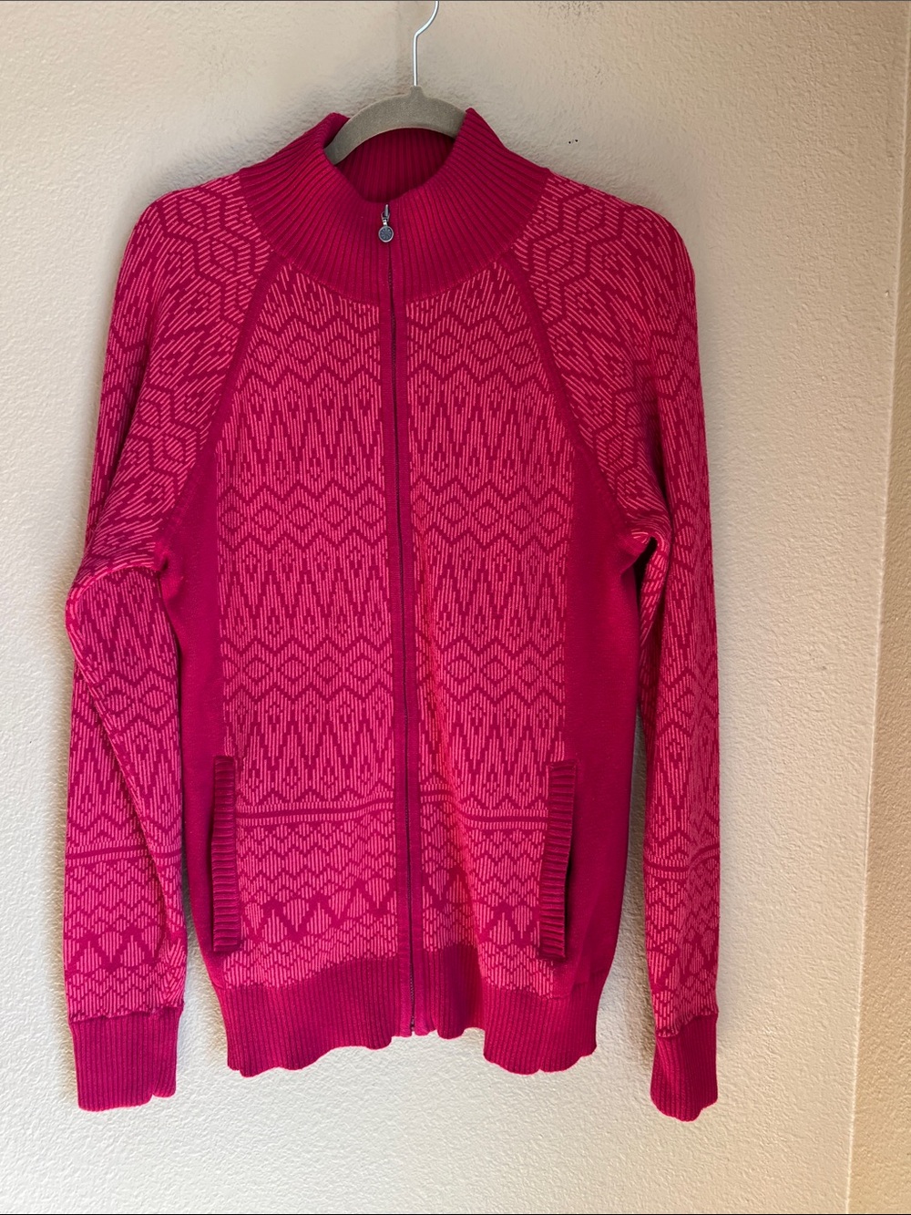 Athleta Zip-Up Sweater in Deep Pink Pattern XL EUC
